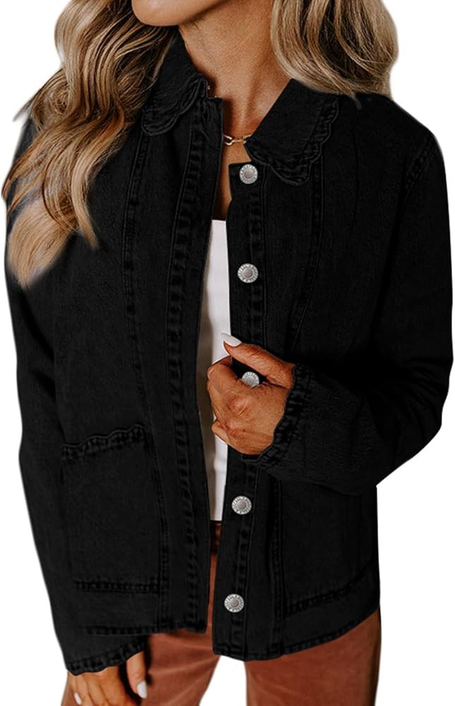 Sidefeel Women's Jean Jacket Long Sleeve Button Down Ruffled Denim Jacket Shacket | Amazon (US)