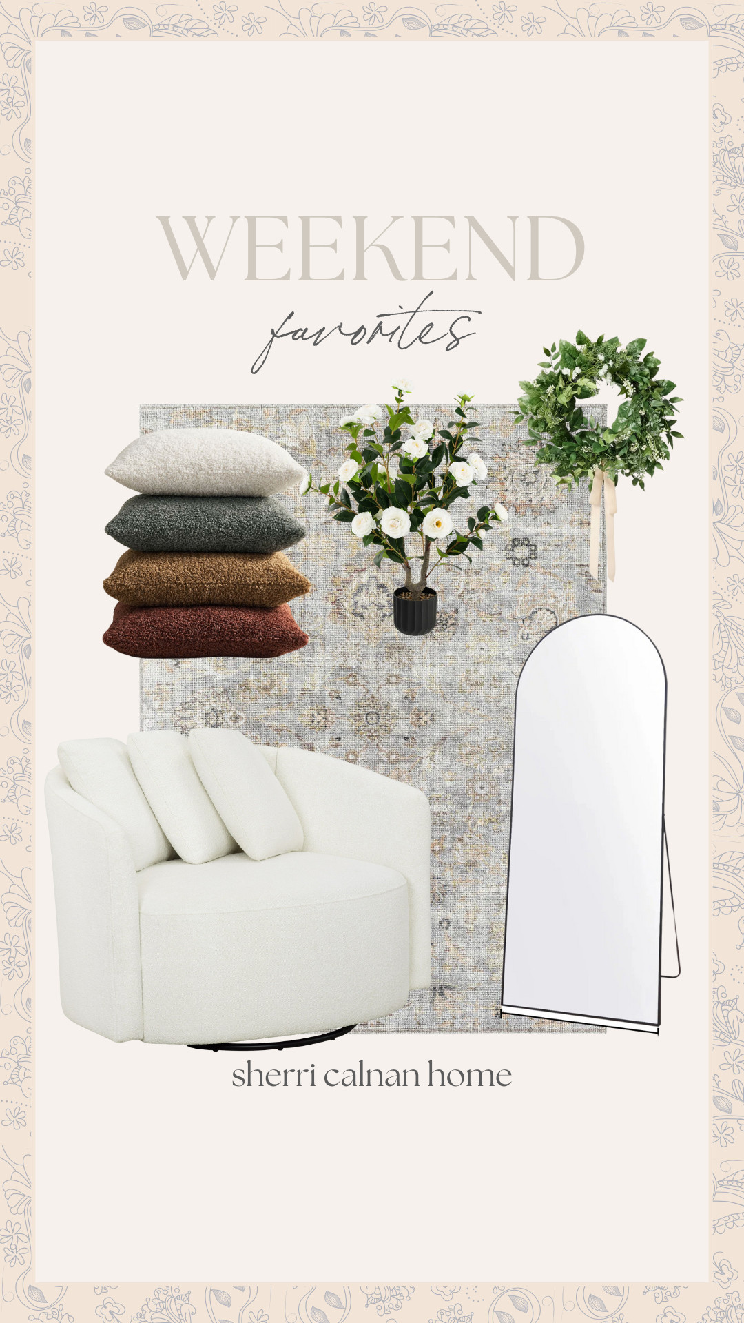 Weekend Favorites

teddy throw pillows, wall mirror, long arch mirror, grey area rug, beige swivel chair, wreath, outdoor faux floral, beige home, coastal home, sherri calnan home 

 

#LTKSeasonal #LTKHome #LTKSaleAlert