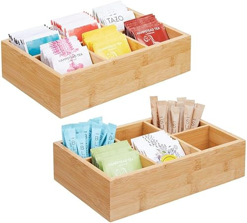 mDesign Bamboo Wood Compact Tea & Food Storage Organizer Bin Box - 6 Divided Sections - Holder fo... | Amazon (US)