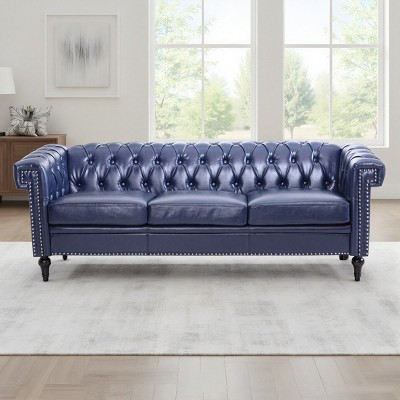 83" Chesterfield Sofa Couch, Traditional 3-Seater Blue PU Leather Sofa with Square Arms, Silver Nailhead Trim for Living Room-Panipeachy | Target