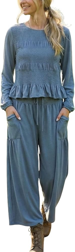 Antnation Womens 2-Piece Boho Long Sleeve Smocked Top & Wide Leg Pants Set Casual Lounge Outfit w... | Amazon (US)