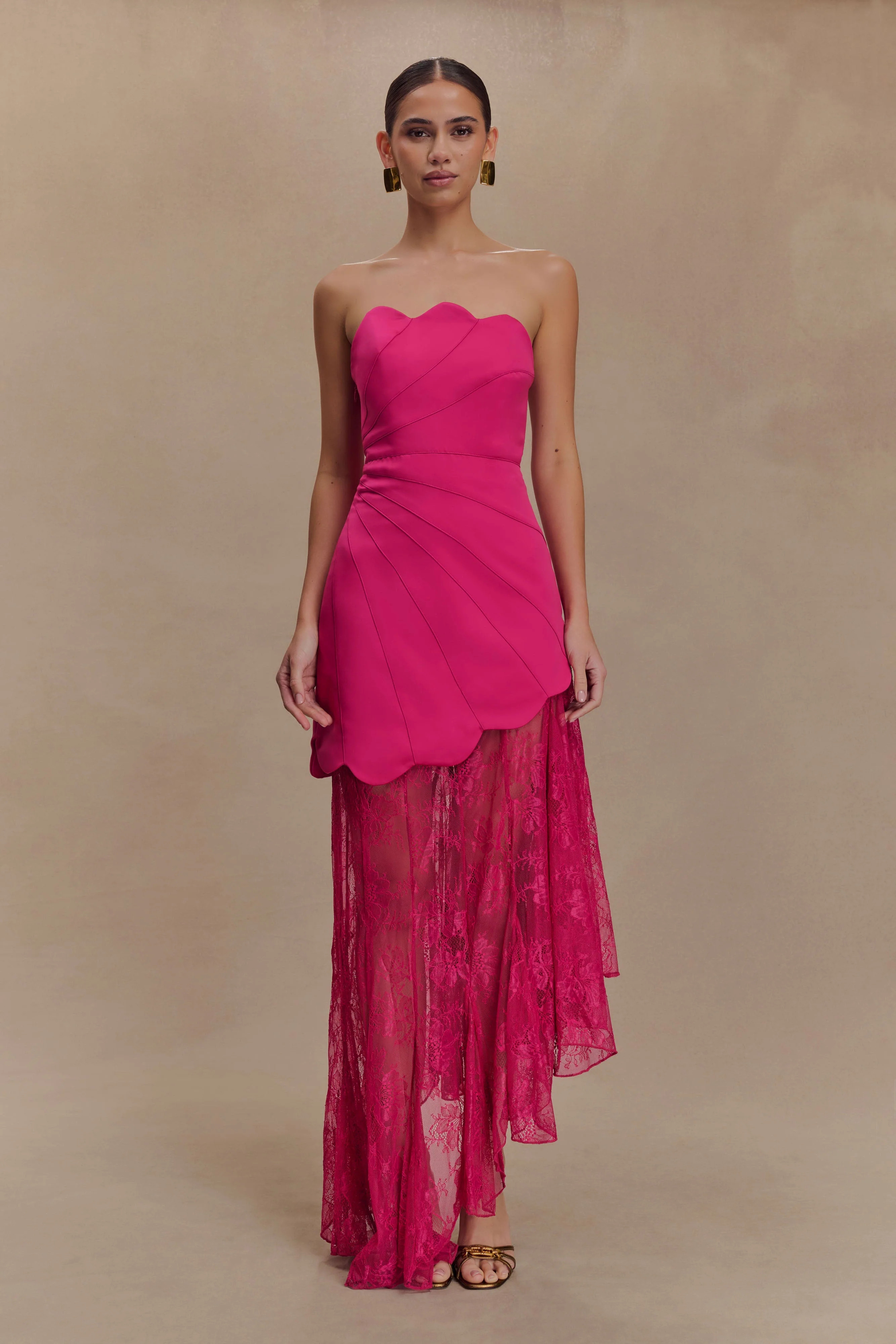 Aleena Satin And Lace Maxi Dress - Dragonfruit | MESHKI US