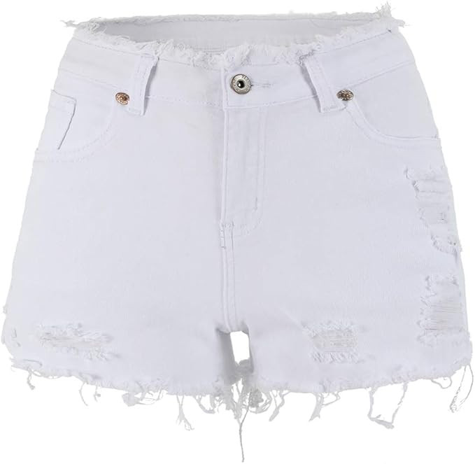 THUNDER STAR Ripped Jean Shorts for Women Mid Rise Frayed Raw Hem Stretchy Denim Shorts | Amazon (US)