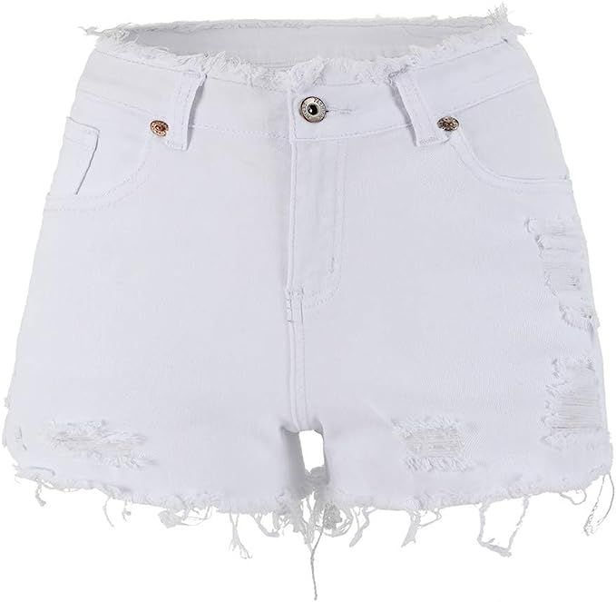 THUNDER STAR Ripped Jean Shorts for Women Mid Rise Frayed Raw Hem Stretchy Denim Shorts | Amazon (US)