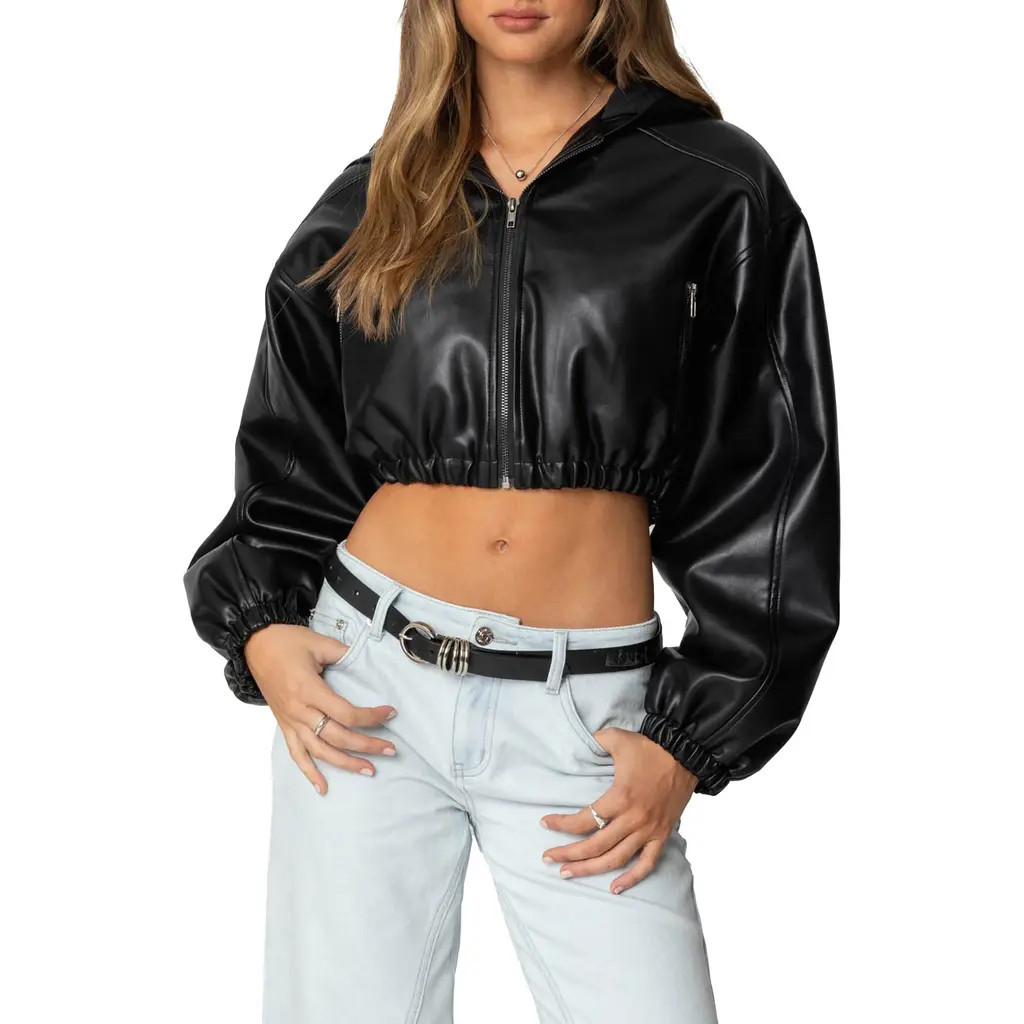 EDIKTED Crop Faux Leather Hooded Jacket in Black at Nordstrom, Size Small | Nordstrom