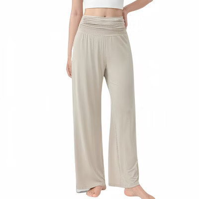 Anna-Kaci Active Women's Wide Leg Lounge Pants with Fold Over Waistband and Adjustable Drawstring Hem - Medium, Beige | Target