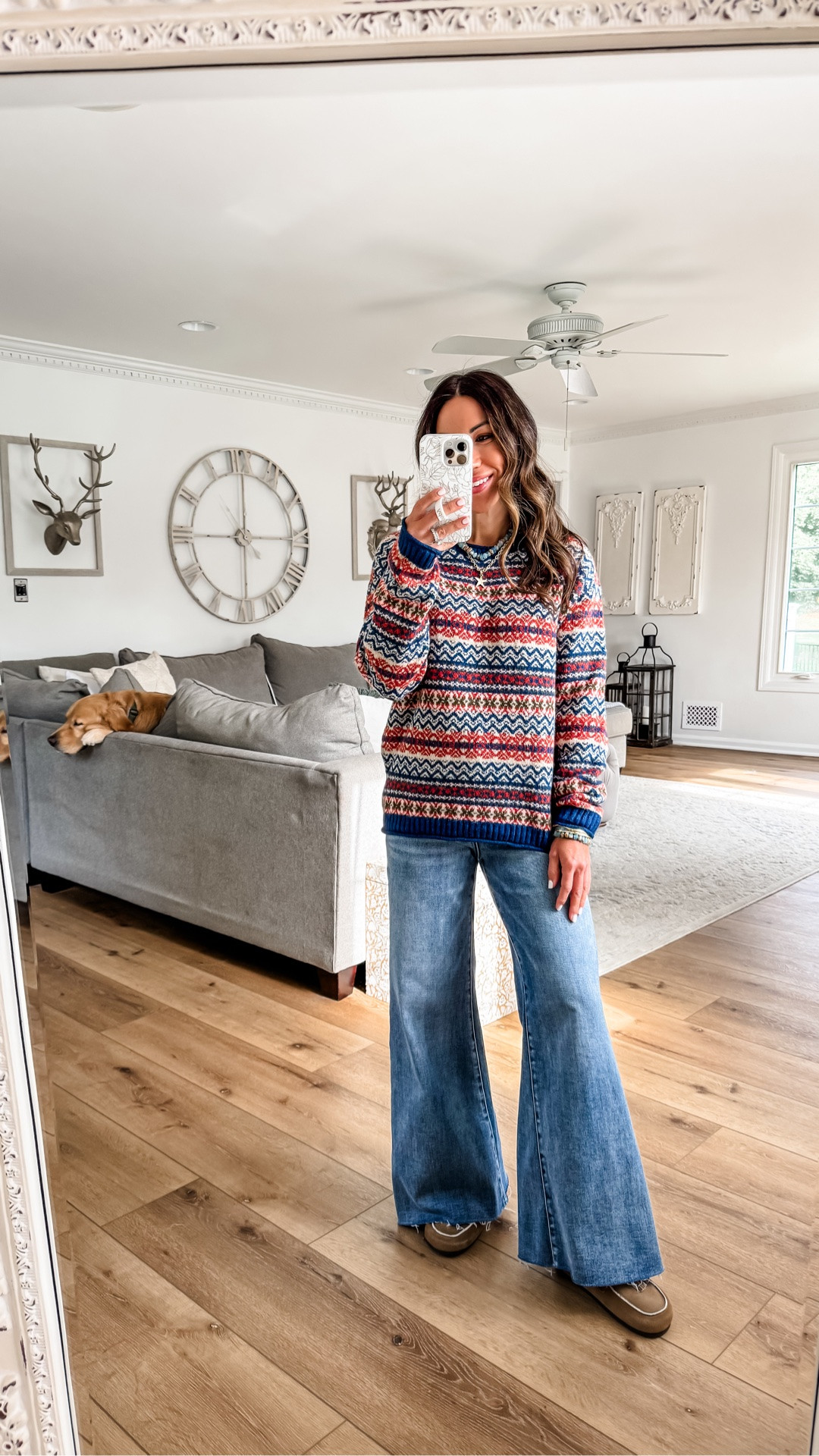 Jeans 25. Small fair isle sweater. Shoes TTS. Jeans code FF20. Target style.  Jewelry code HOUSEOFLEO20