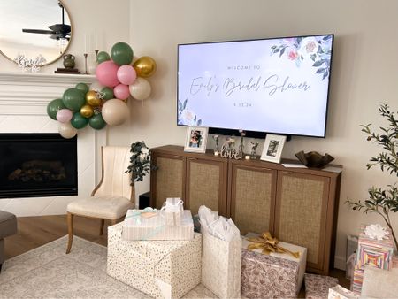 Frame tv art for bridal shower. Balloon garland and balloon pump from Amazon. Bridal shower decor. Samsung frame tv art 

#LTKhome #LTKwedding #LTKparties