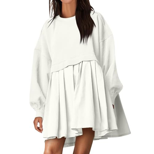 Women Sweatshirt Dress Long Sleeve Patchwork Crewneck Pullover Loose Fit Babydoll Dressy Tops Baggy Flowy Pleated Layered Sweatshirts Mini Dresses Casual Oversized Fall Dresses 2024 A-White | Amazon (US)