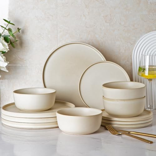 AmorArc Stoneware Dinnerware Sets of 4, Reactive Ceramic Plates and Bowls Set,Highly Chip and Cra... | Amazon (US)