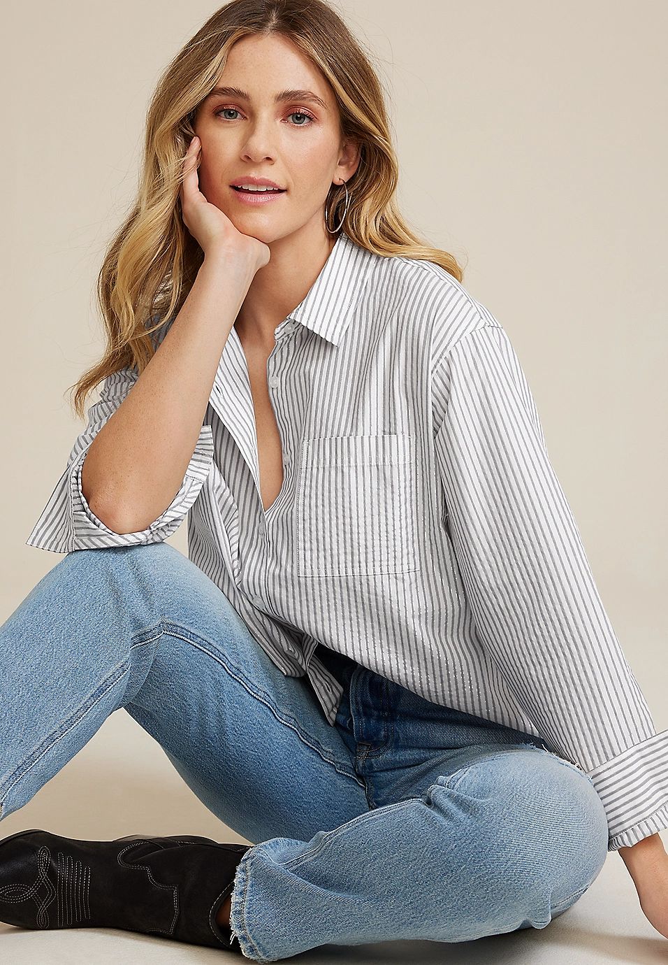 90s Prep Metallic Striped Relaxed Button Up Shirt | Maurices