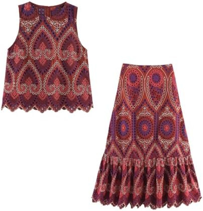 THLAI Womens 2 Piece Outfits Sleeveless Embroidered Eyelet Top & Paisley Print Ruffled Hem Midi S... | Amazon (US)