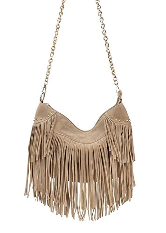 Hoxis Studded Tassel Faux Suede Leather Hobo Cross Body Chain Shoulder Bag Women’s Satchel | Amazon (US)