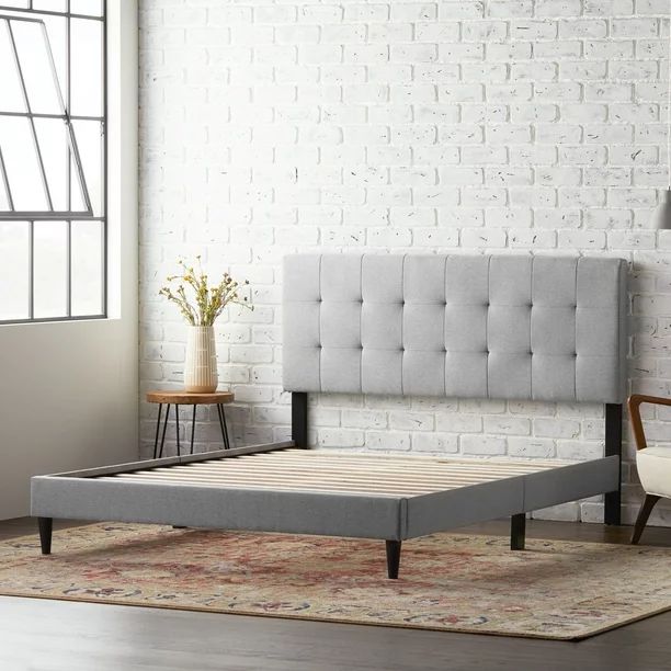 Rest Haven Upholstered Platform Bed Frame with Square Tufted Headboard, King, Gray | Walmart (US)