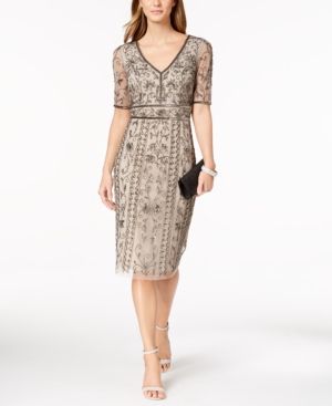 Adrianna Papell V-Neck Beaded Mesh Dress | Macys (US)