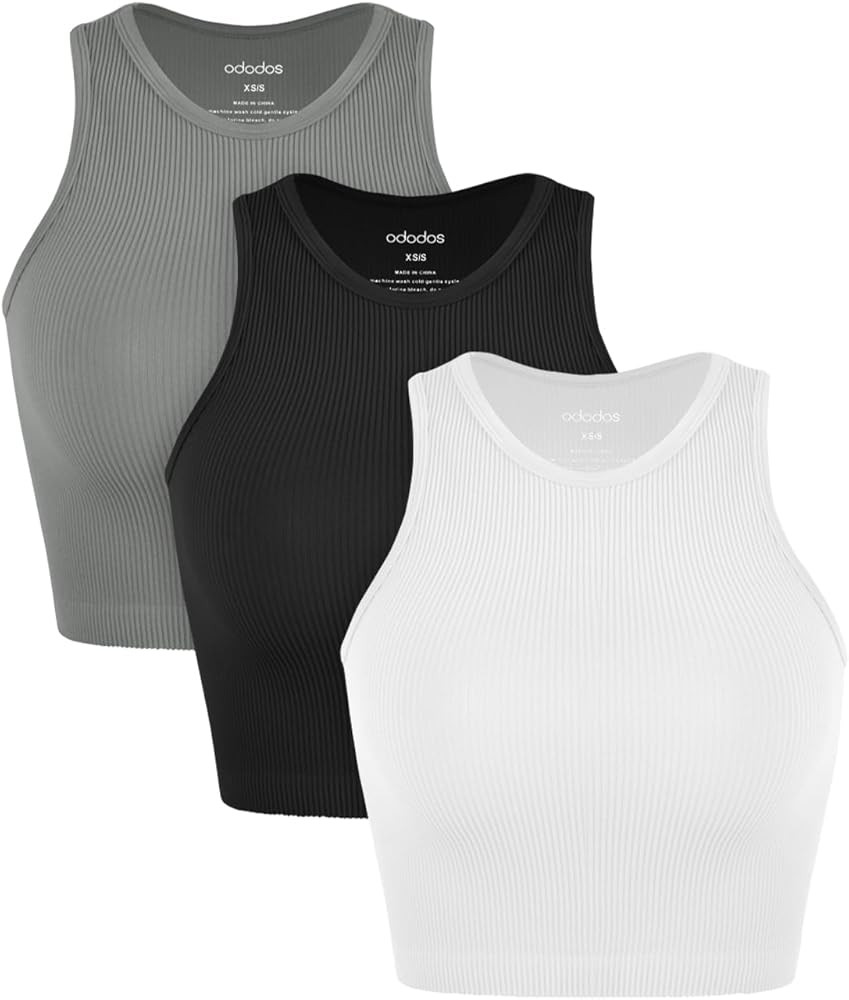 ODODOS 3-Pack Seamless Crop Tank for Women Ribbed Soft High Neck Cropped Tops | Amazon (US)