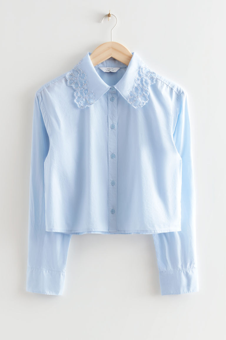H & M - Cropped Floral Embroidery Shirt - Blue | H&M (UK, MY, IN, SG, PH, TW, HK)
