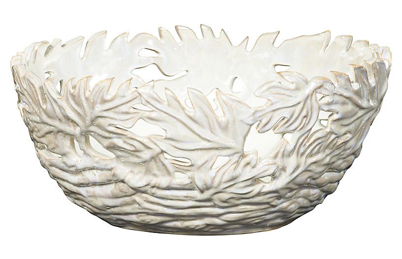 Pierced Oak Leaf Ceramic Bowl, Cream | One Kings Lane