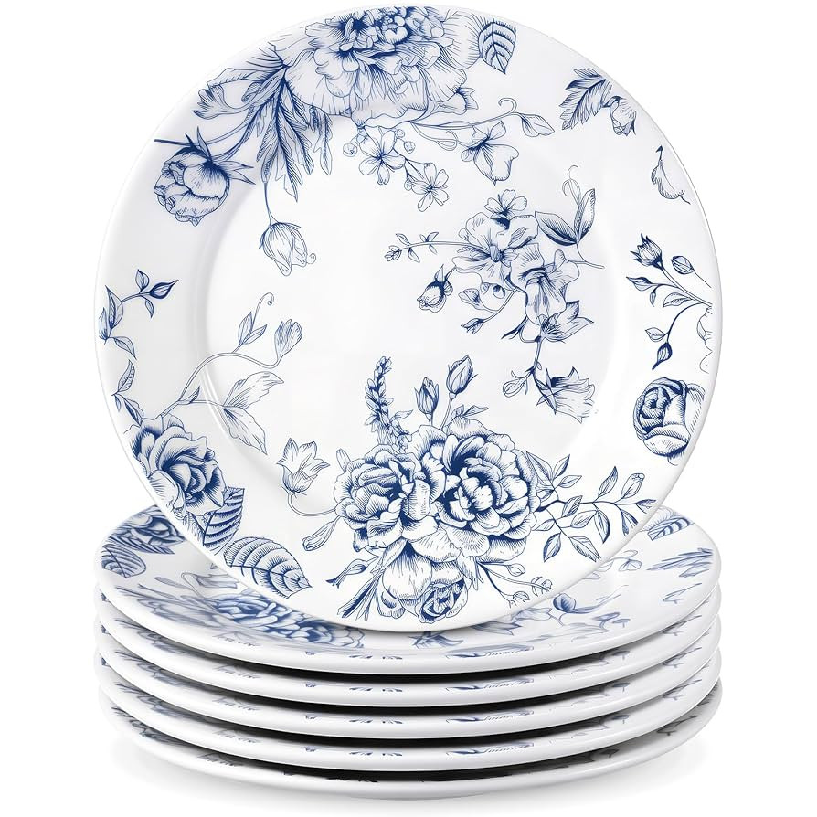 Honeydak 6 Pcs Blue Floral Flower Ceramic Plates Blue and White Porcelain Salad Serving Plate 6 I... | Amazon (US)