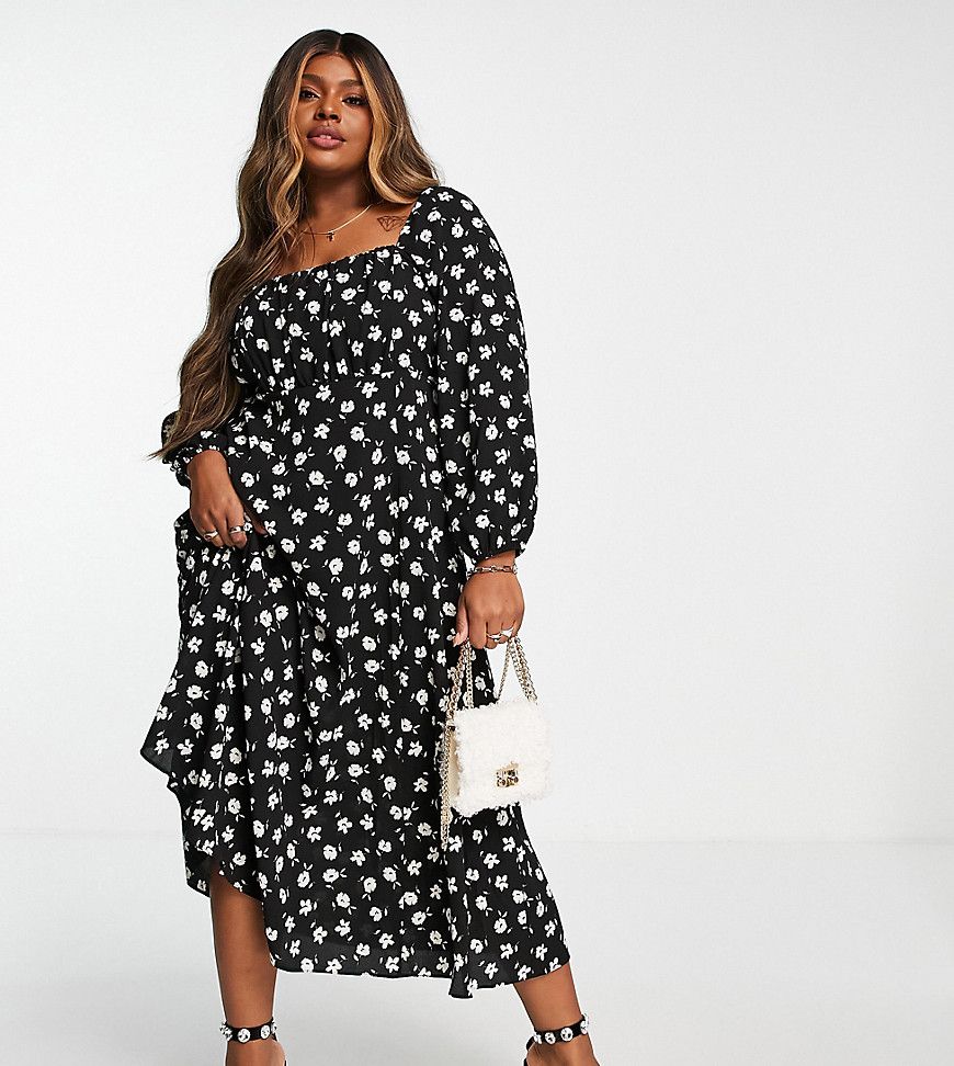 ASOS DESIGN Curve square ruched neck midi dress in black and white floral print-Multi | ASOS (Global)