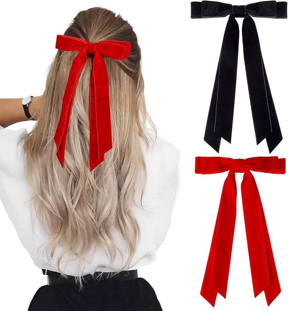 2PCS Velvet Hair Bows Ribbon Hair Clip Black Red Accessories Ponytail Holder Accessories Slides M... | Amazon (US)