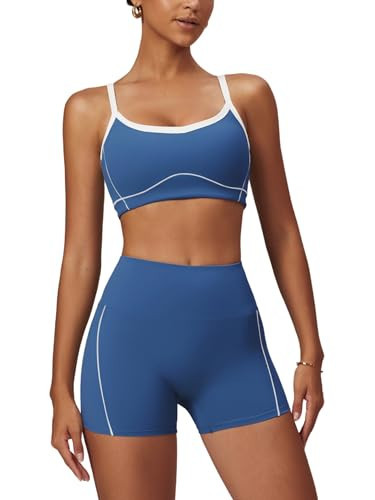 OMEWEE Yoga sets for women 2 piece Fashion contrasting lines Sports Bra and Tummy Control Butt-lifting Shorts Dark blue M | Amazon (US)