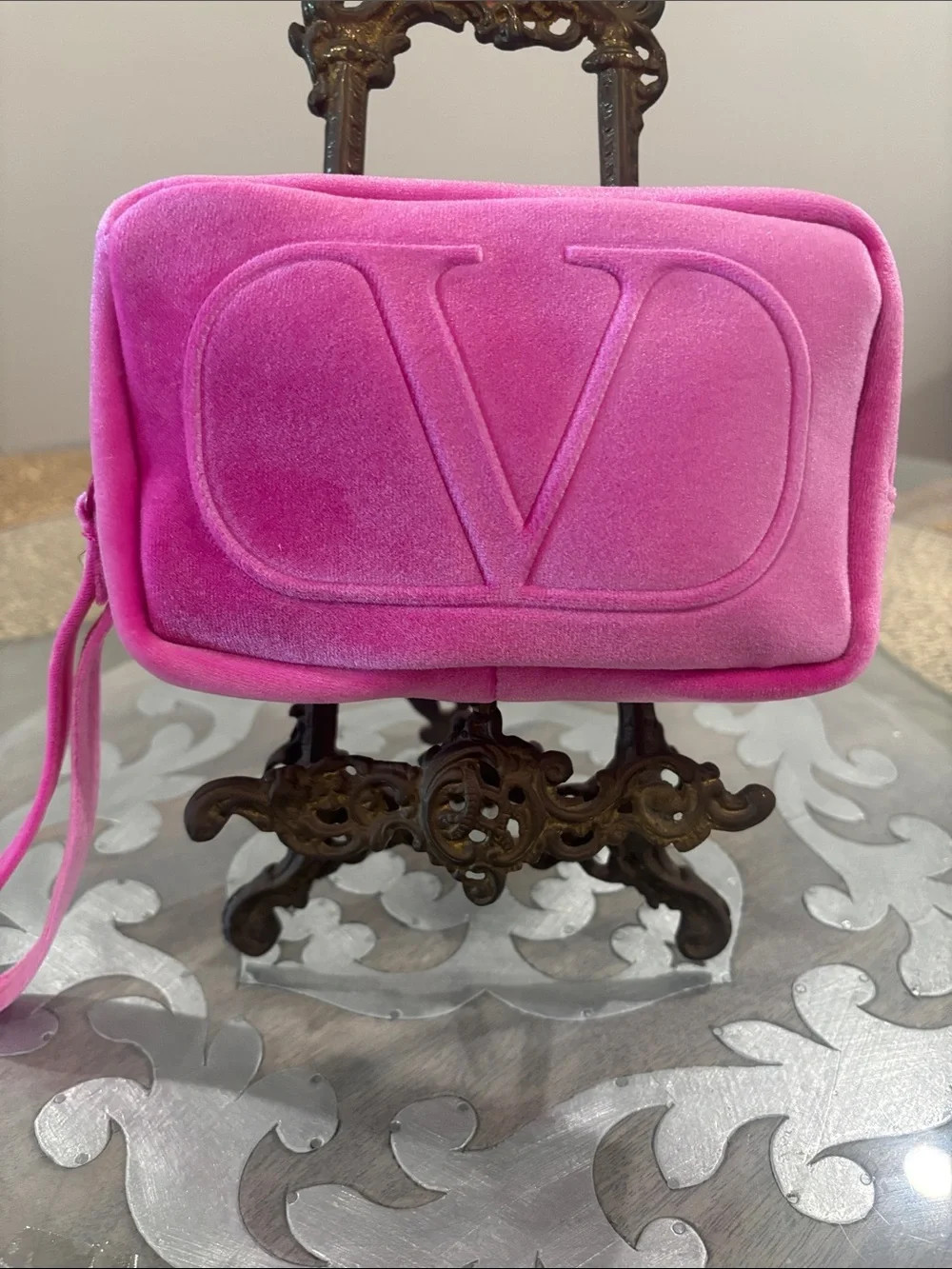 Valentino Hot Pink Velvet V Logo Wristlet or cosmetic pouch | Poshmark