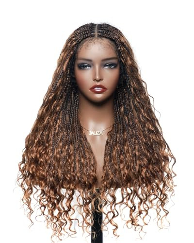 JALIZA Braided Wigs for Black Women 24" HD Full Lace Lightweight Tangleless Human Hair Boho Box braids Wig Full Hand Tied- 121 strands - Ombre Brown | Amazon (US)
