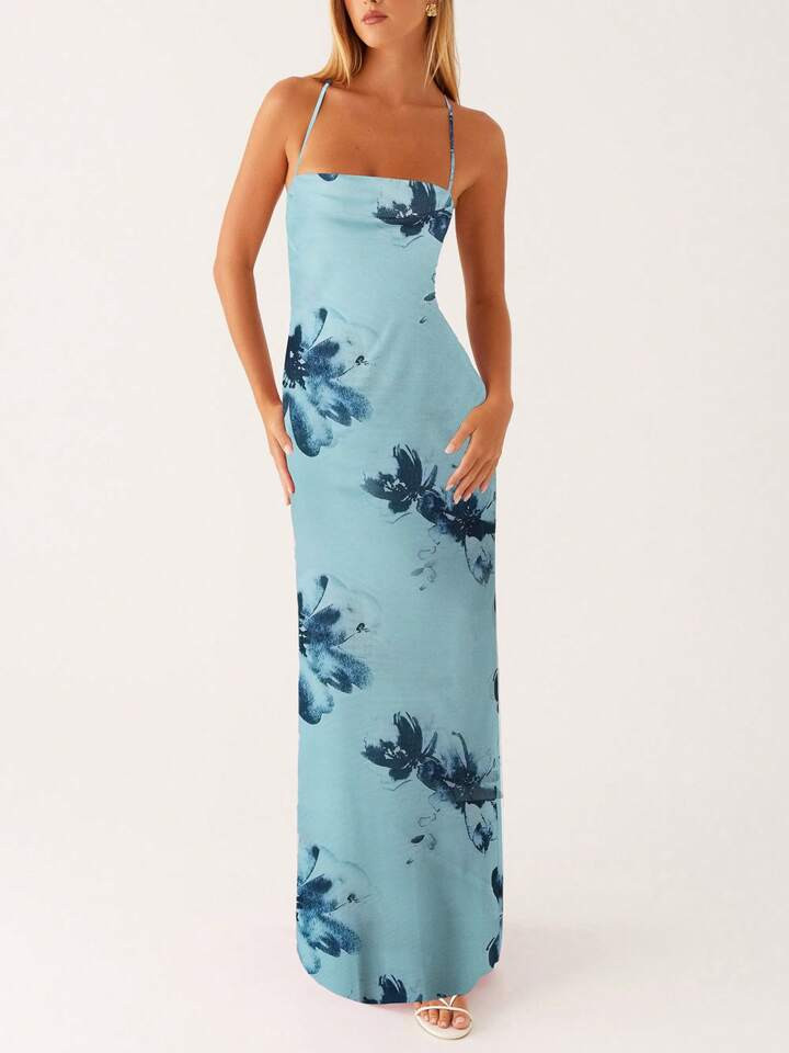 Womens Summer Floral Spaghetti Straps Maxi Dress Sexy Sleeveless Square Neck Low Cut Backless Bodycon Long Dress Y2k Wedding Guest Beach Party Long Dresses | SHEIN