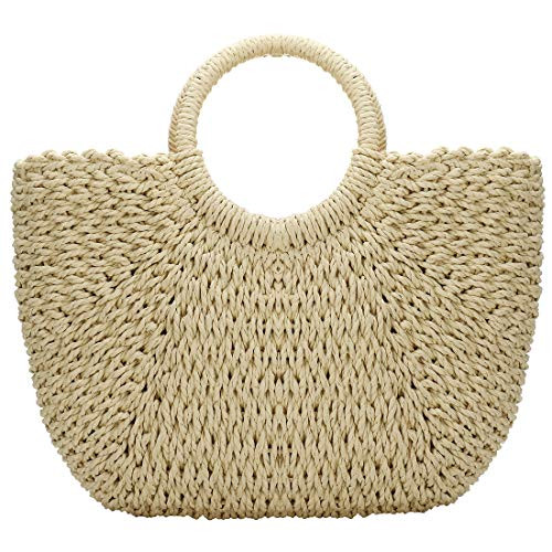 YYW Straw Bags for Women,Hand-woven Straw Large Bag Round Handle Ring Tote Retro Summer Beach Rat... | Amazon (US)