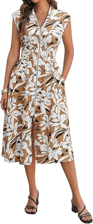 Wenrine Womens Floral Midi Dress Casual Zipper Front Sleeveless V Neck Smocked Flowy Summer Dress... | Amazon (US)
