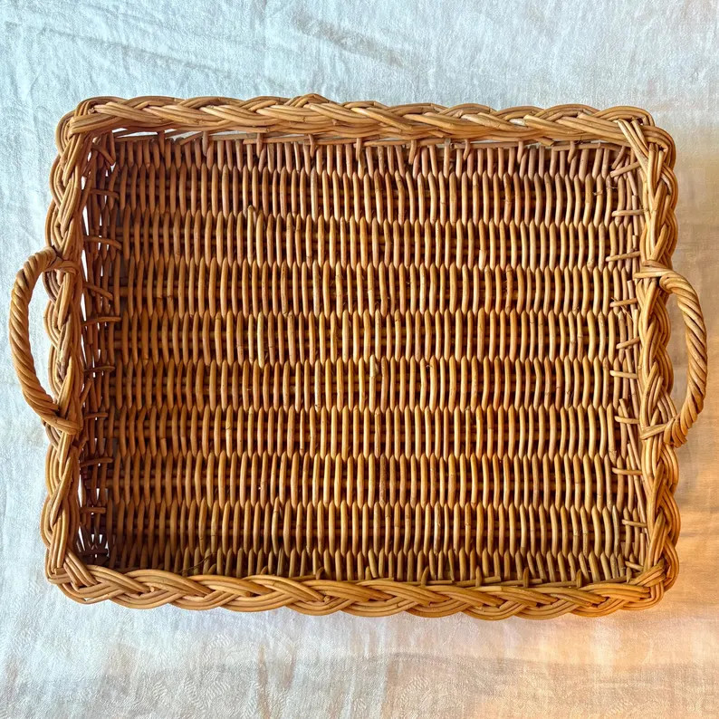 Vintage Wicker Serving Tray With Handles | Rectangular Rattan Basket - Etsy | Etsy (US)
