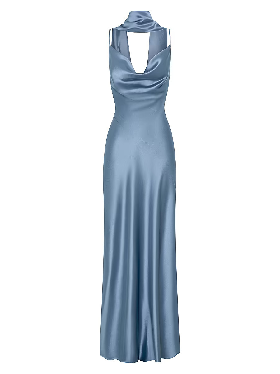 Women's Geneva Satin Cowlneck Column Gown - Blue Smoke - Size 0 | Saks Fifth Avenue