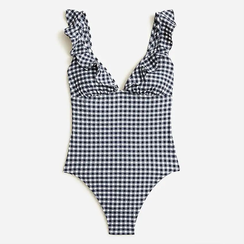 Ruffle V-neck one-piece in gingham | J.Crew US