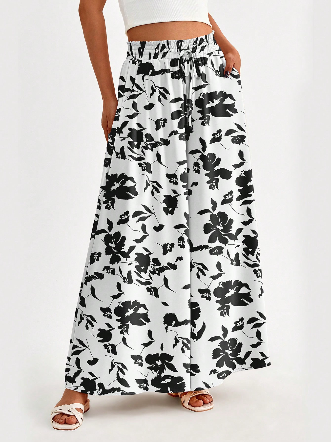 BTFBM Floral Print Knot Front High Waist Wide Leg Pant | SHEIN