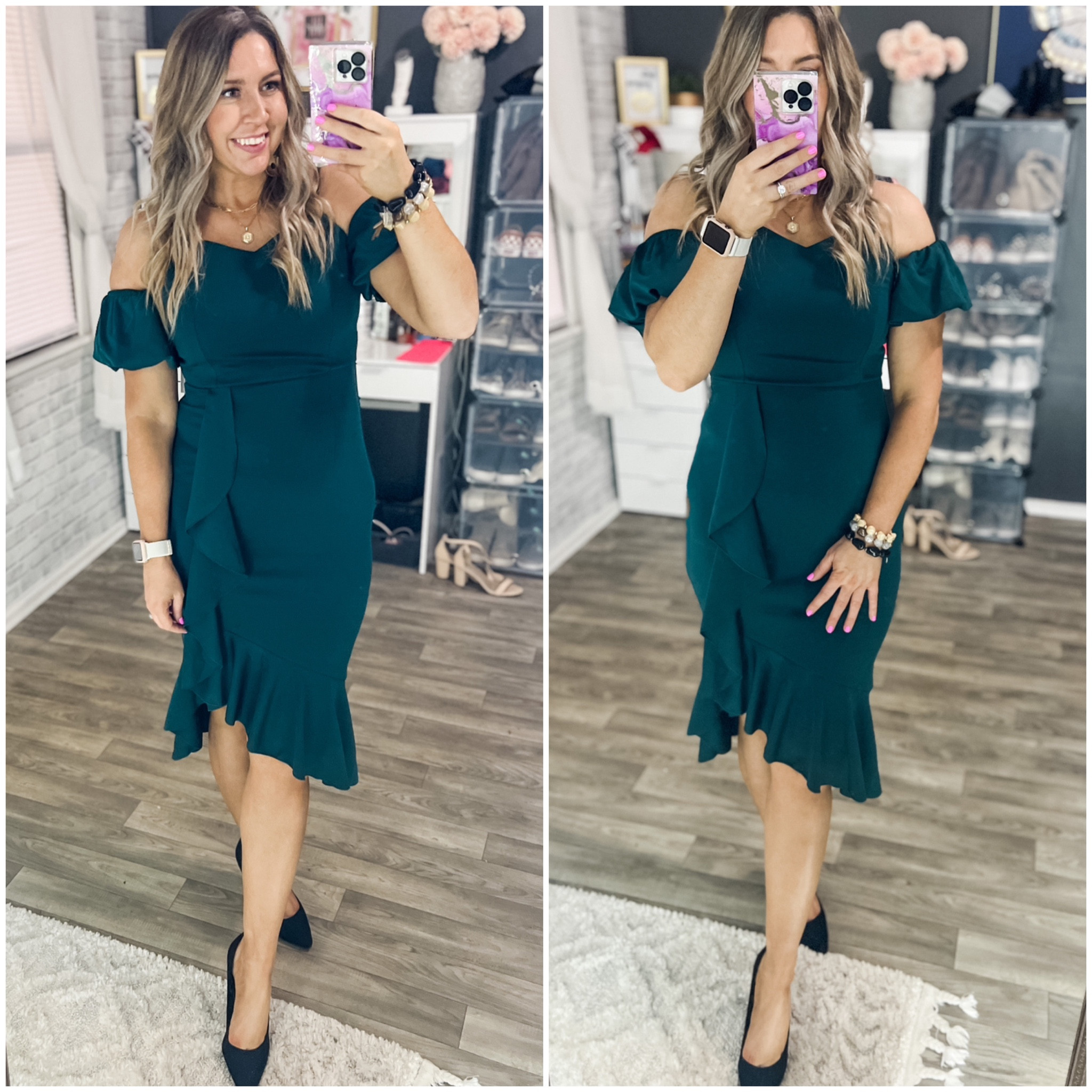 Here’s a new beautiful dress for ya! Seriously stunning! It’s spaghetti strap, plus has the off shoulder sleeve too. True to size, I’m in the medium! 