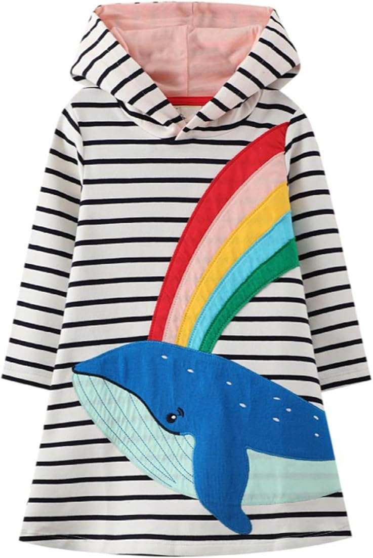 Youlebao Girls Cotton Long Sleeve Casual Cartoon Appliques Striped Jersey Dresses | Amazon (US)