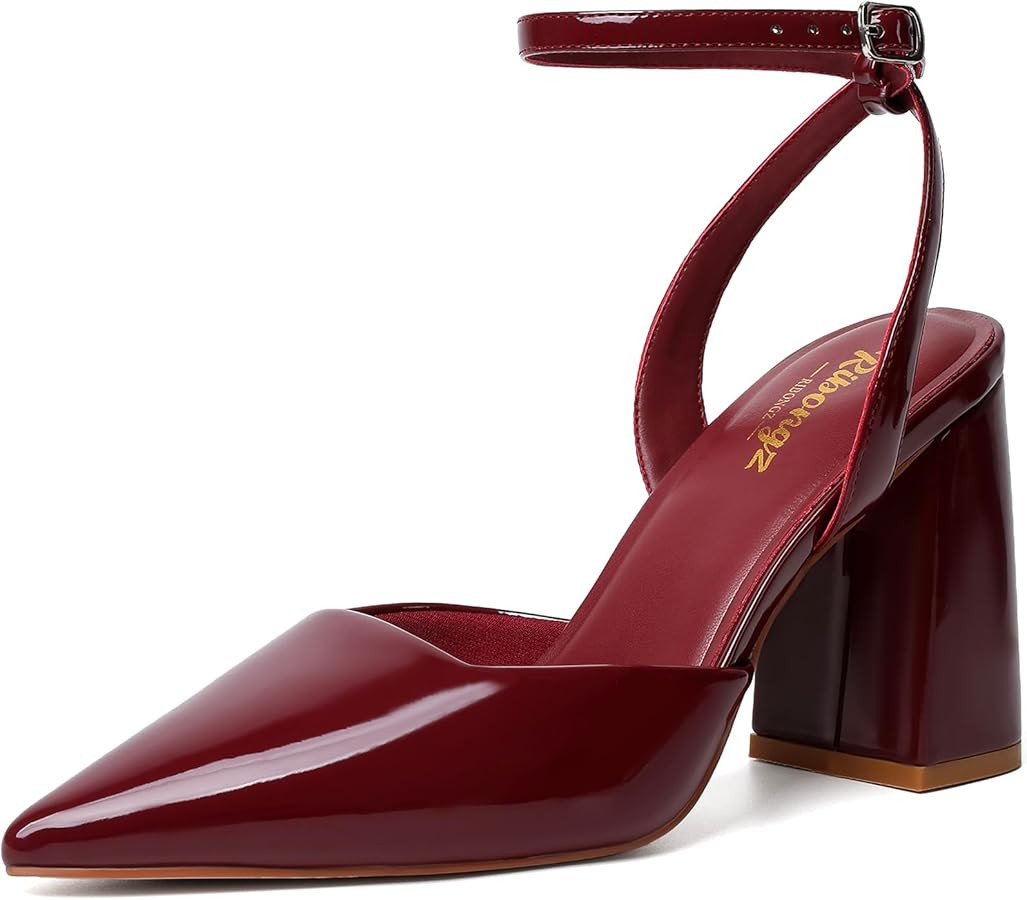 RIBONGZ Block Heels for Women Closed Pointed Toe Heeled Slingback Chunky High Heel Ankle Strap Pu... | Amazon (US)