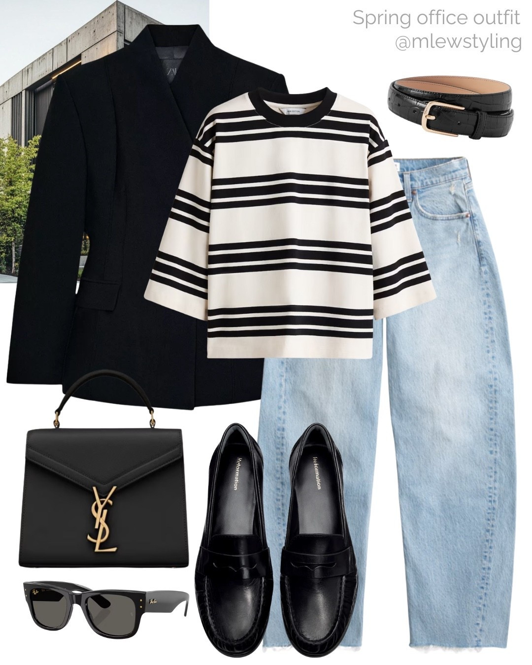 Spring office outfit with Abercrombie jeans 🖤

Tags: Abercrombie sale, striped H&M T-shirt, ysl top handle bag, reformation black leather loafer, Zara fitted blazer, rayban oversized wayfarer sunglasses, black and gold belt, barrel leg denim, capsule wardrobe, casual workwear 

#LTKWorkwear #LTKootd #LTKSaleAlert