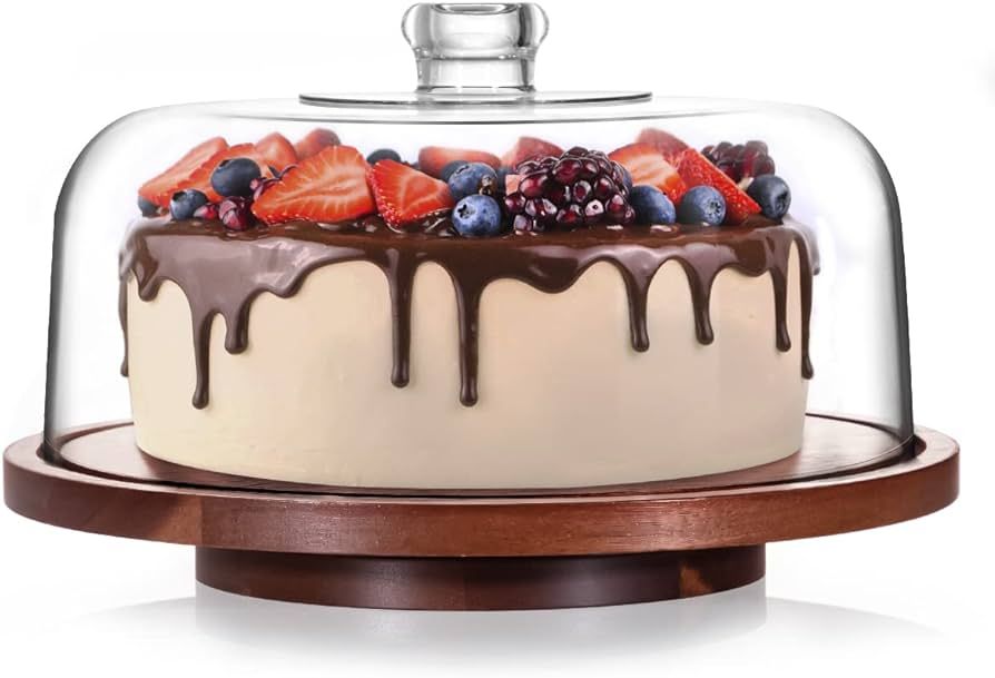 Fun Elements Rotating Cake Stand with Dome, Acacia Wood Cake Plate | Lazy Susan with Acrylic Lid ... | Amazon (US)