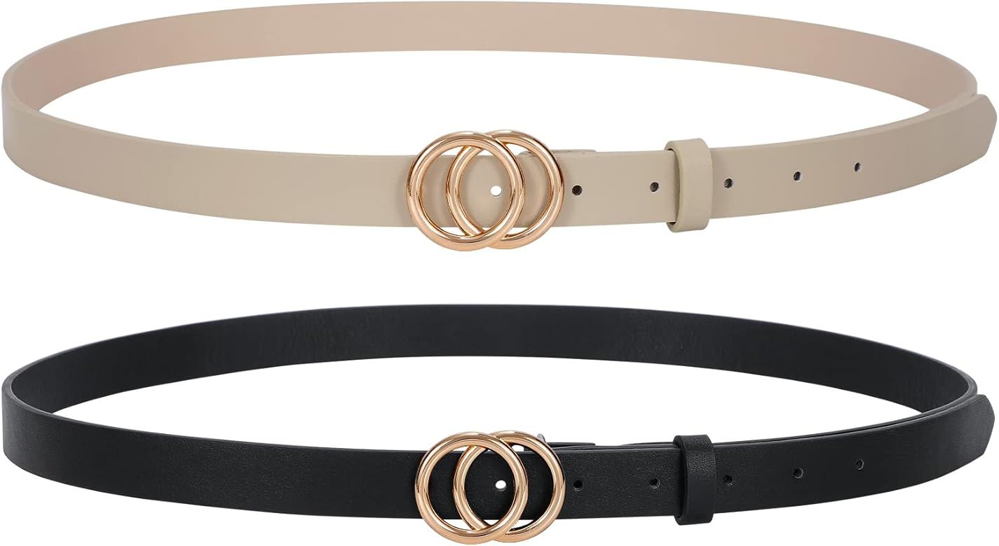 SANSTHS Double Ring Leather Belts for Women O-Style Gold Buckle Skinny Dress Belt 0.86 inch Width... | Amazon (US)