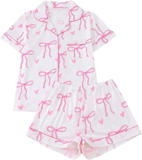 Women's 2 Piece Bow Print Pajama Sets Sleepwear Short Sleeve Button Down Shirt and Shorts Nightwe... | Amazon (US)