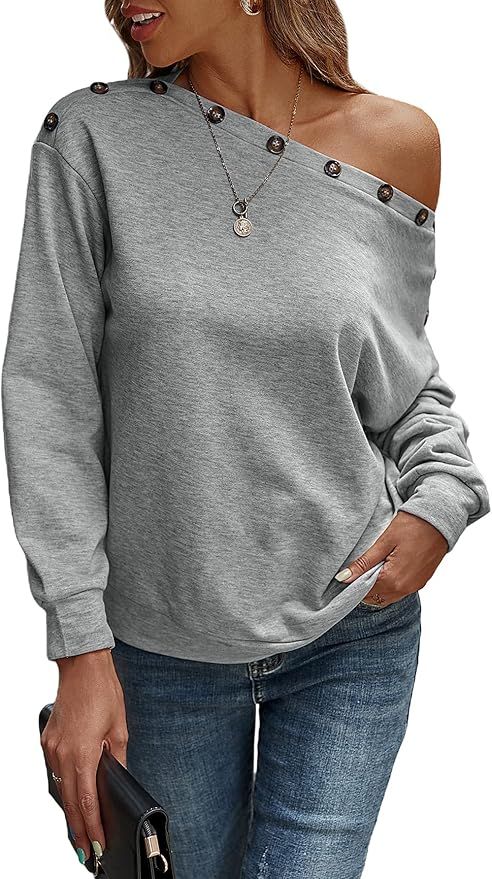 Floerns Women's Casual Long Sleeve Asymmetrical Neck Off The Shoulder Sweatshirt Grey S at Amazon... | Amazon (US)