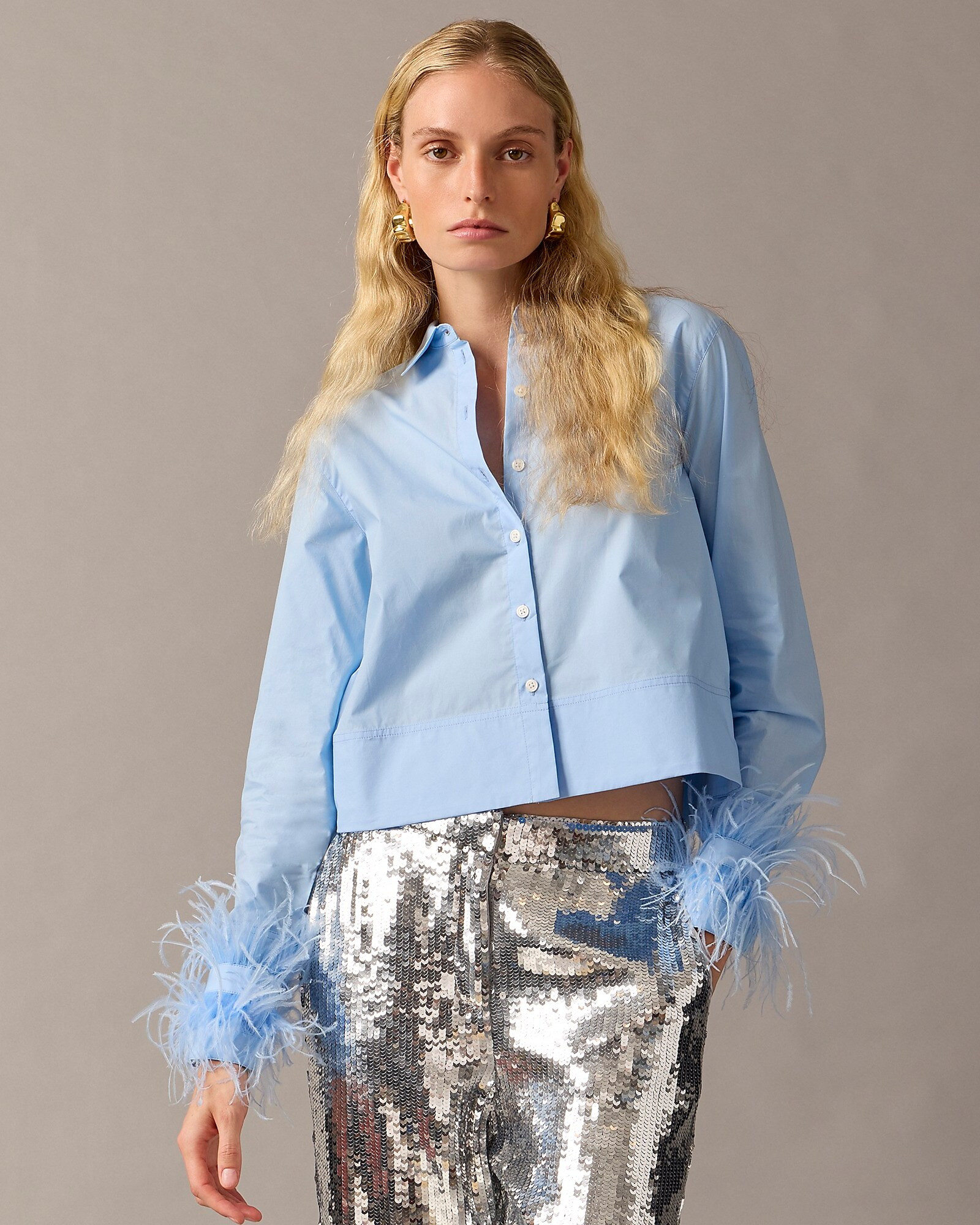 Collection cropped feather-trim garçon shirt | J. Crew US