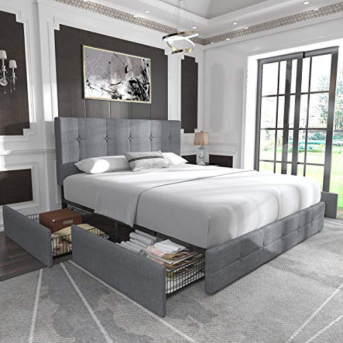 Allewie Upholstered Full Size Platform Bed Frame with 4 Storage Drawers and Headboard, Square Stitched Button Tufted, Mattress Foundation with Wooden Slats Support, No Box Spring Needed, Light Grey | Amazon (US)