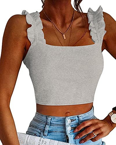 Cute Crop Tops for Women Tank Tops Ribbed Ruffle Strap Square Neck Womens Trendy Going Out Preppy... | Amazon (US)
