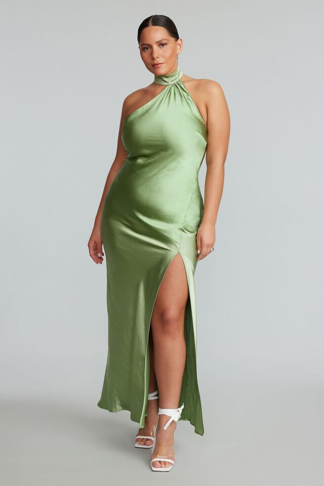 Audrey Halter Neckline Satin Maxi Dress$129.95 | Dynamite Clothing