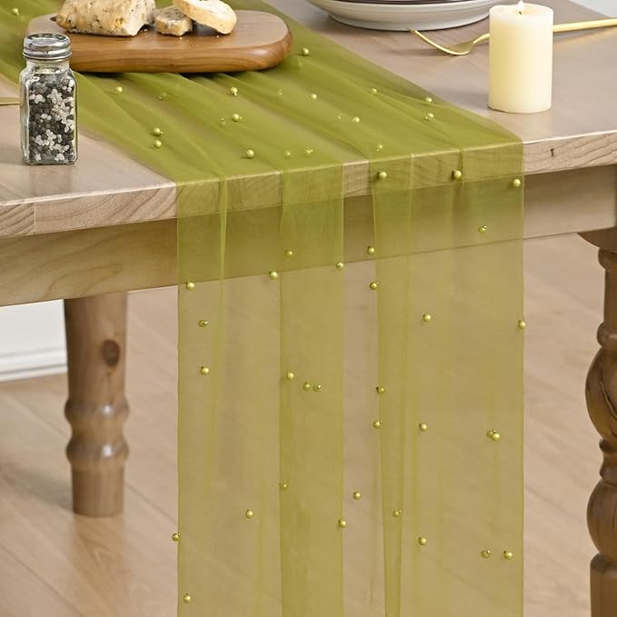 Artoid Mode Pearl Olive Green Gauze Table Runner 120 Inch 10FT, Seasonal Sheer Dining Holiday Wed... | Amazon (US)