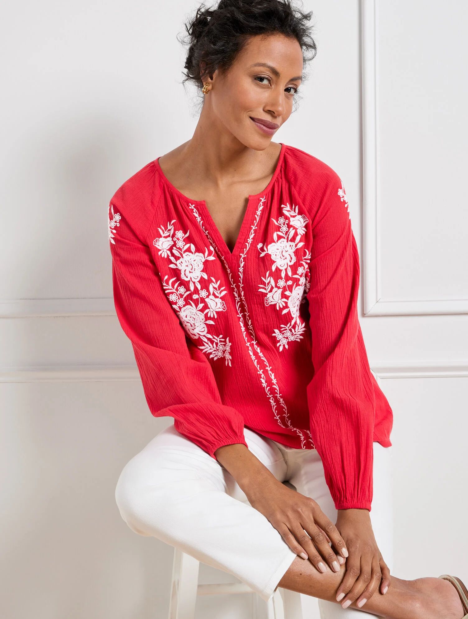 Crinkle Gauze Embroidered Popover | Talbots