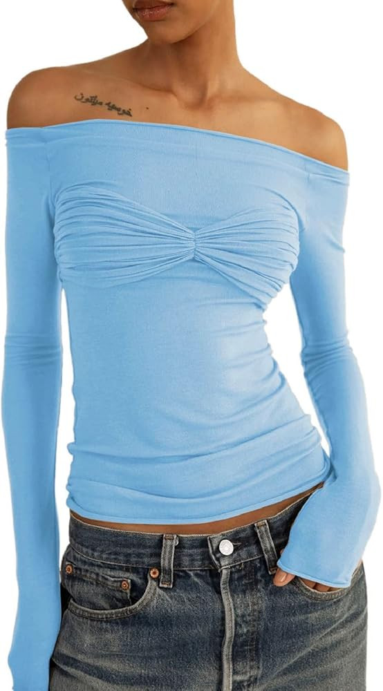 Women Y2k Off Shoulder Long Sleeve Tees Slim Fit Stretchy Top Solid Color Backless Tshirt Fashion... | Amazon (US)